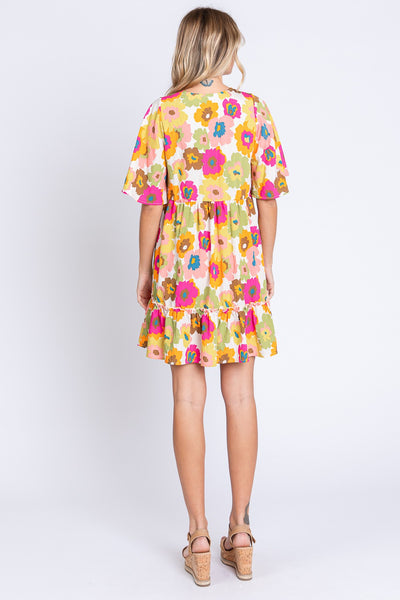 Floral V-Neck Ruffle Trim Mini Dress