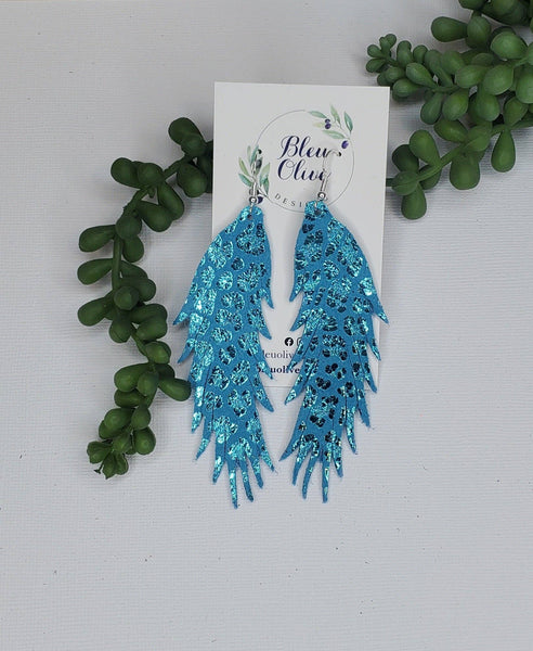 Fringy Feather Leather earrings: Oil Spill Print