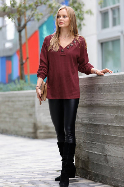 Brushed Waffle V Neck Button Sweater Dark Red