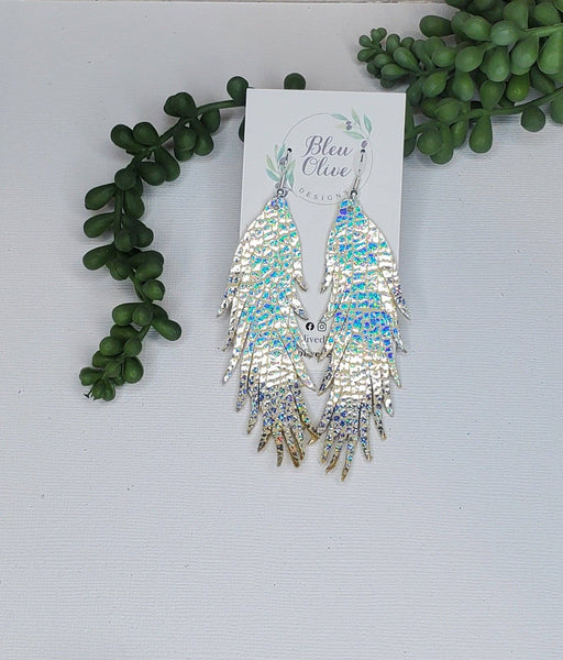 Fringy Feather Leather earrings: Oil Spill Print