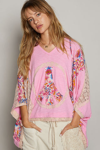 V-Neck Floral Print Peace Patch Lace Hooded Top