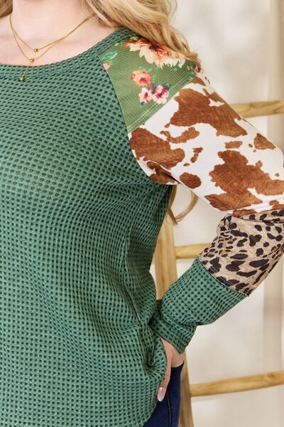 Full Size Waffle-Knit Leopard Blouse