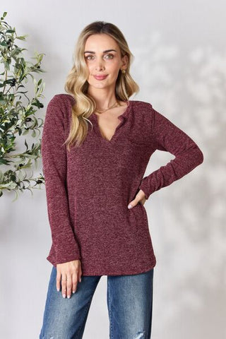 Full Size Notched Long Sleeve Top
