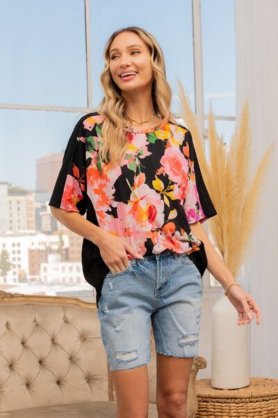 Full Size Floral Round Neck Short Sleeve T-Shirt