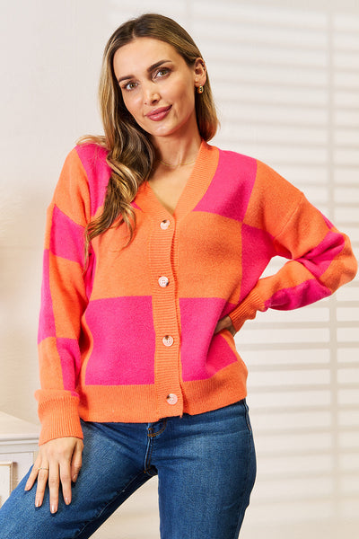 Double Take Checkered V-Neck Dropped Shoulder Cardigan