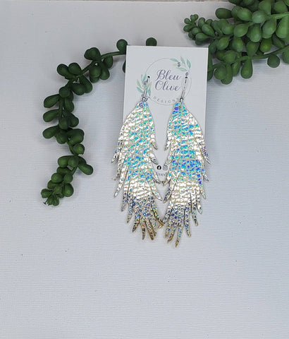 Fringy Feather Leather earrings: Iridescent Metallic Crackle