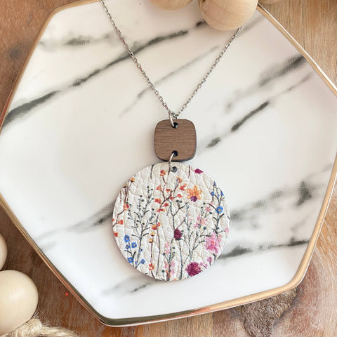 Necklace: Walnut Rounded Square & Delicate Wildflower