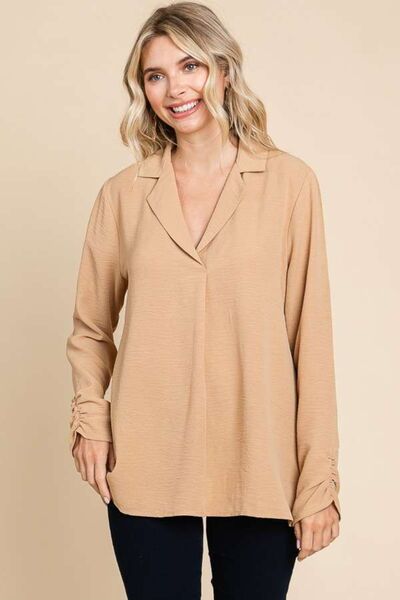 Full Size Lapel Collar Ruched Long Sleeve Blouse